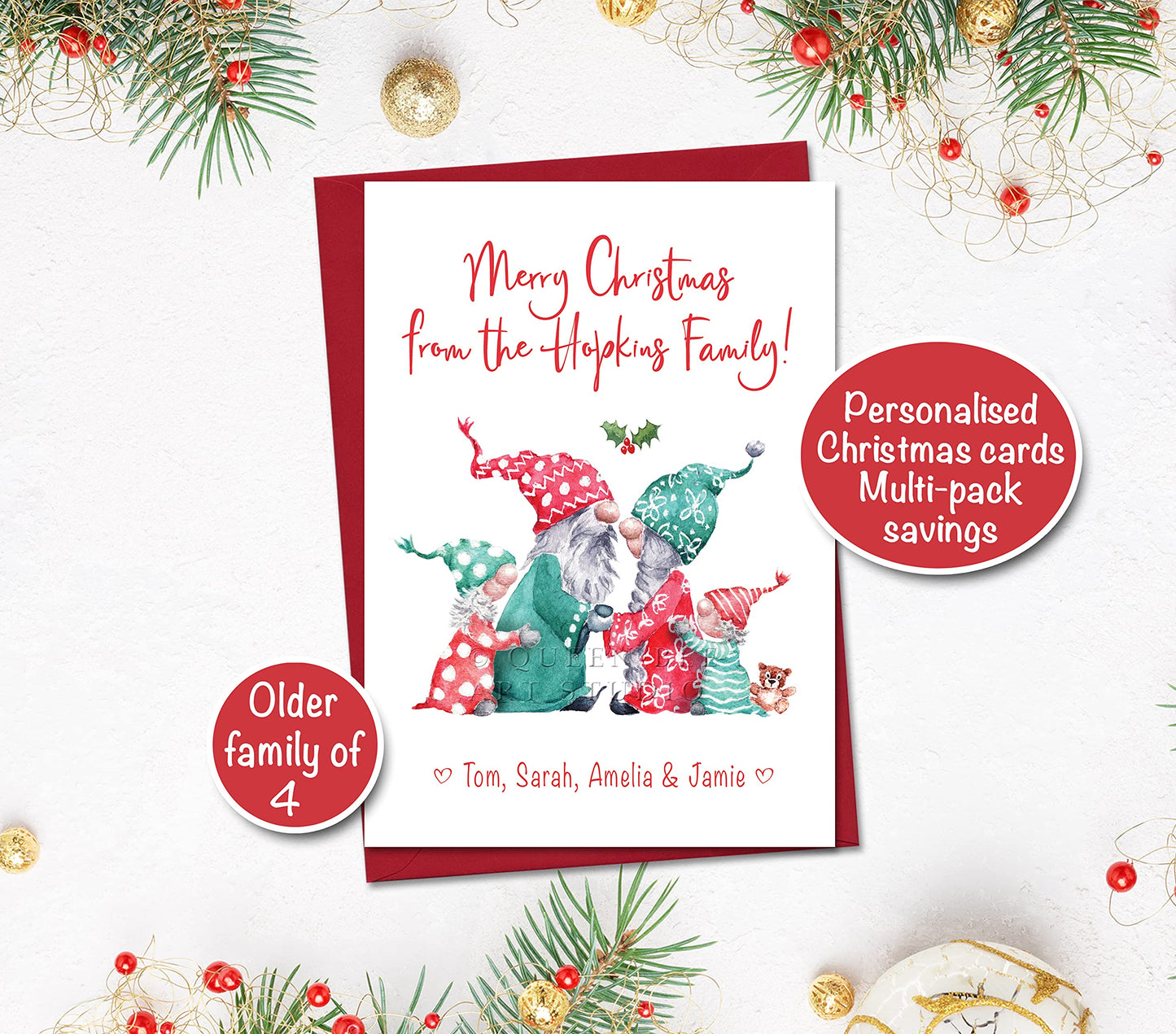 Cute Gnome Personalised Christmas Cards from Family of 4 with new baby - multipack