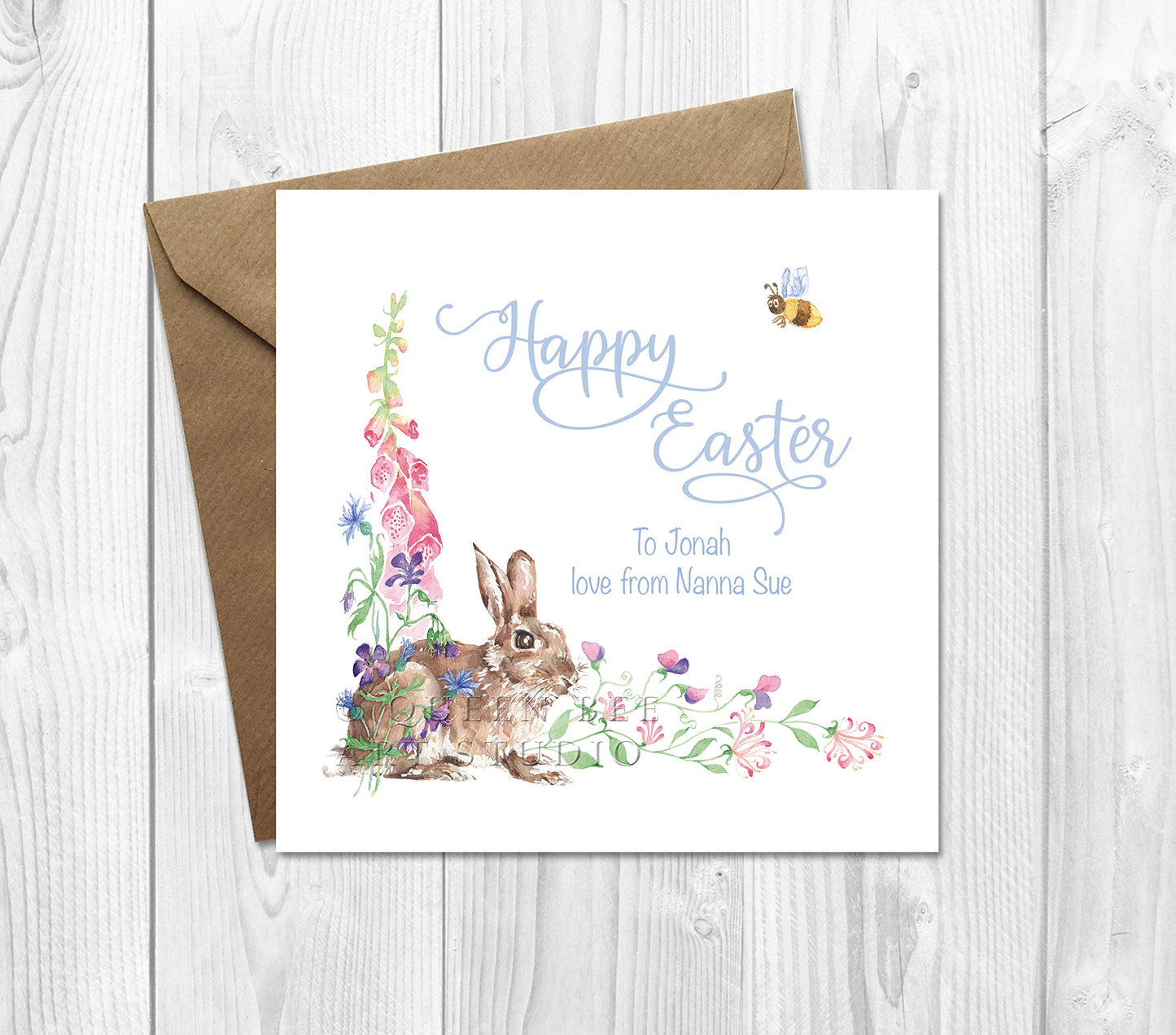 Personalised Easter card for granddaughter with Easter bunny, floral Easter rabbit card for child, custom greeting card with spring flowers