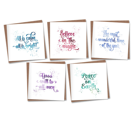 Pack of 5 Modern Christmas Cards with Typographic Quotes in Calligraphy