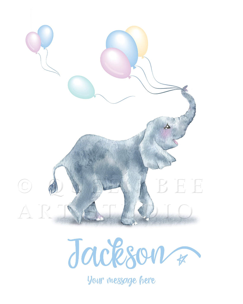 personalised baby elephant print for little boy or girl in blue colourway