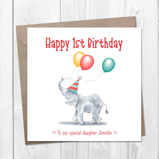 Happy 1st birthday card with cute baby elephant and balloons Personalised with name