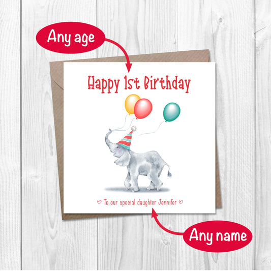 Cute baby elephant birthday card for child with any name & age on front
