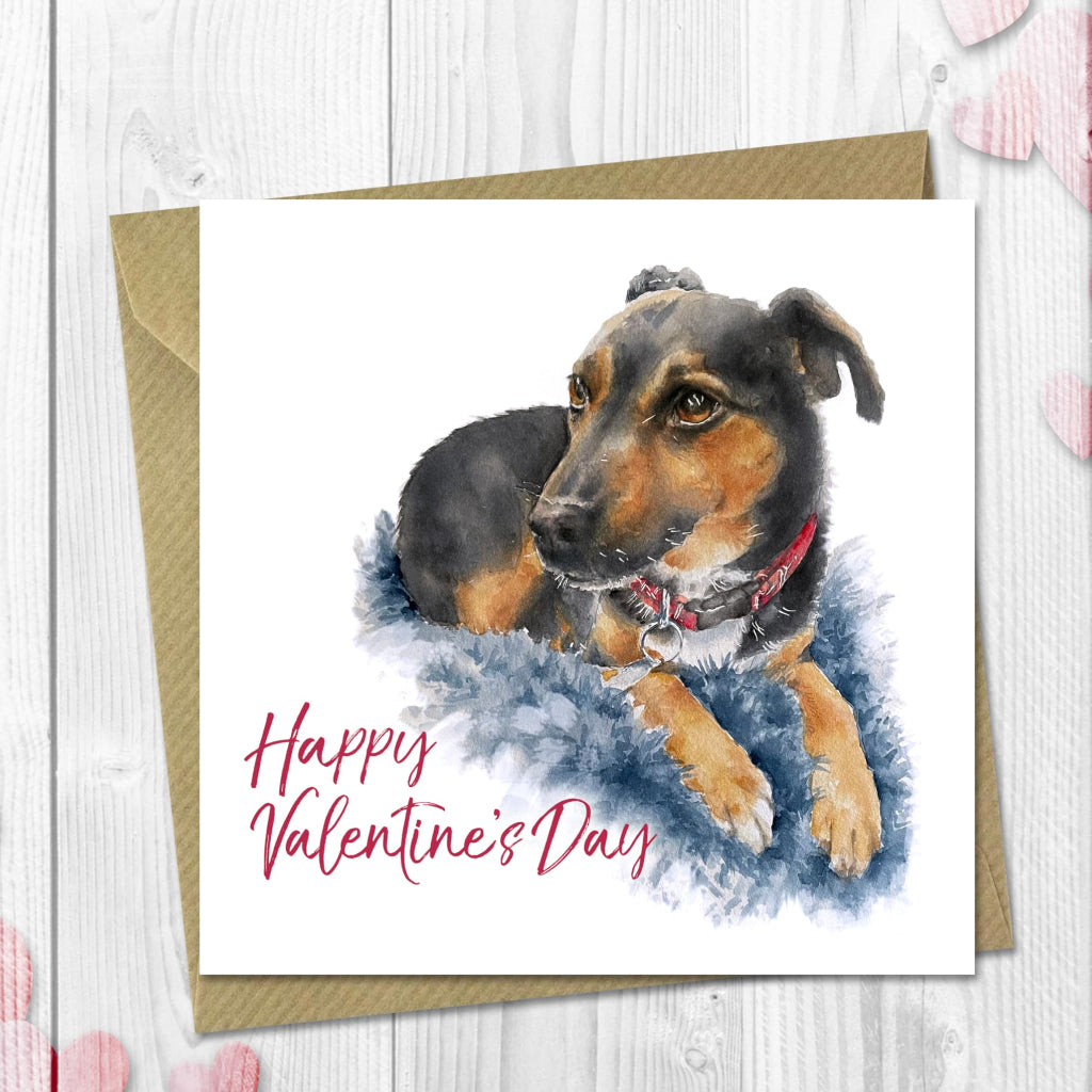 Happy Valentine's Day card with an illustration of a Black and tan jack russell terrier on the front