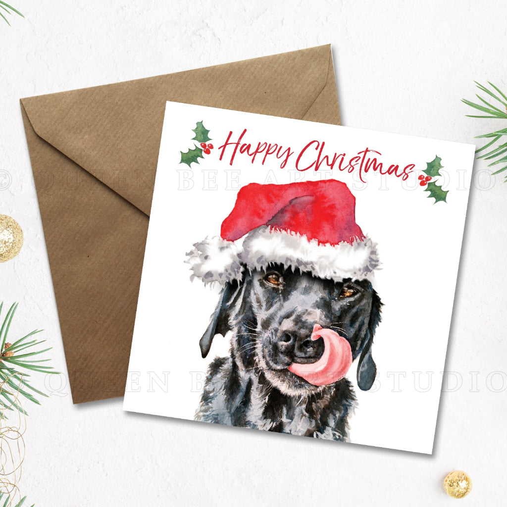 Christmas card with a realistic painting of a Black labrador on the front