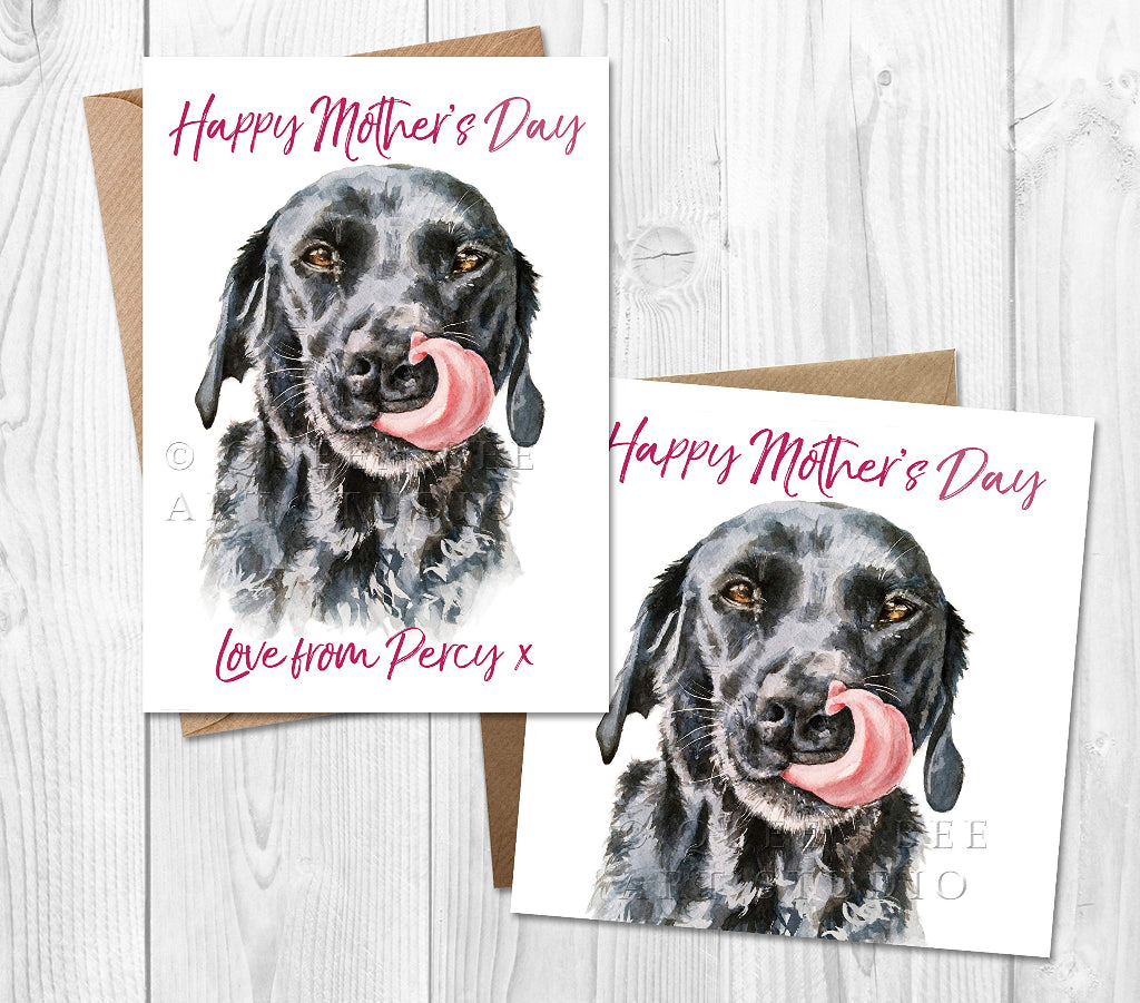 Two Happy Mother's Day cards illustrated with a black labrador watercolour painting. One card is printed with the dog's name.