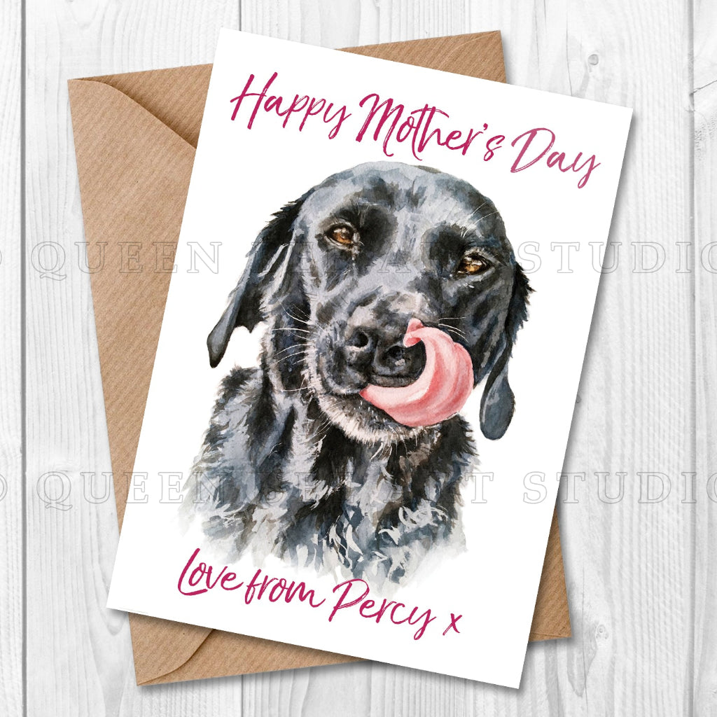 Mother's Day card with a black labrador illustration and 'Happy Mother's Day' text on a white background.