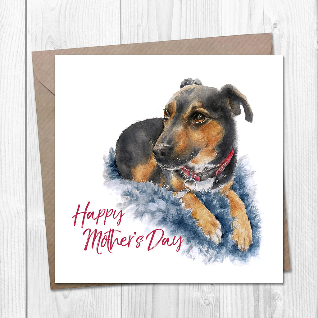 Happy Mother's Day card with a realistic watercolour painting of a black and tan jack russell cross or a Manchester terrier