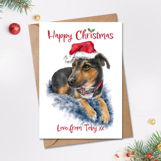 Personalised christmas card from pet dog with a cute black and tan terrier in a santa hat on the front