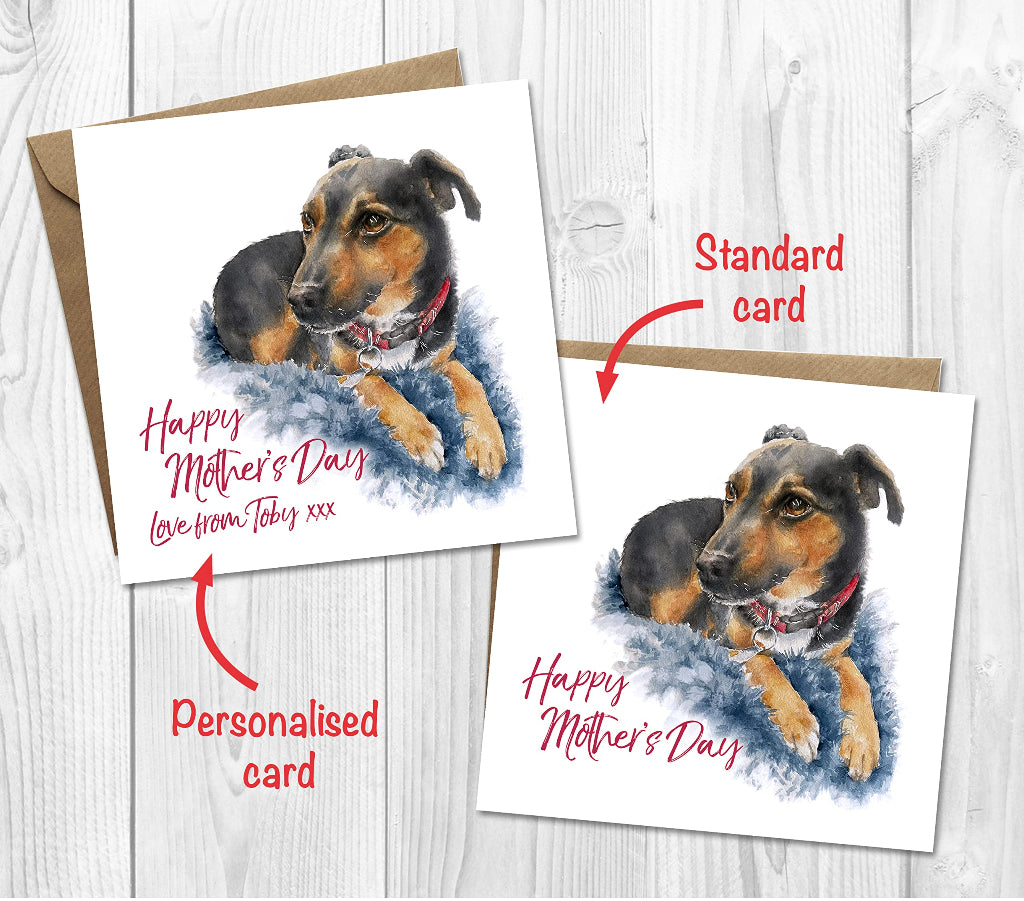 Two mother's day cards with the same illustration of a black & tan manchester terrier. One is personalised with love from your pet dog.