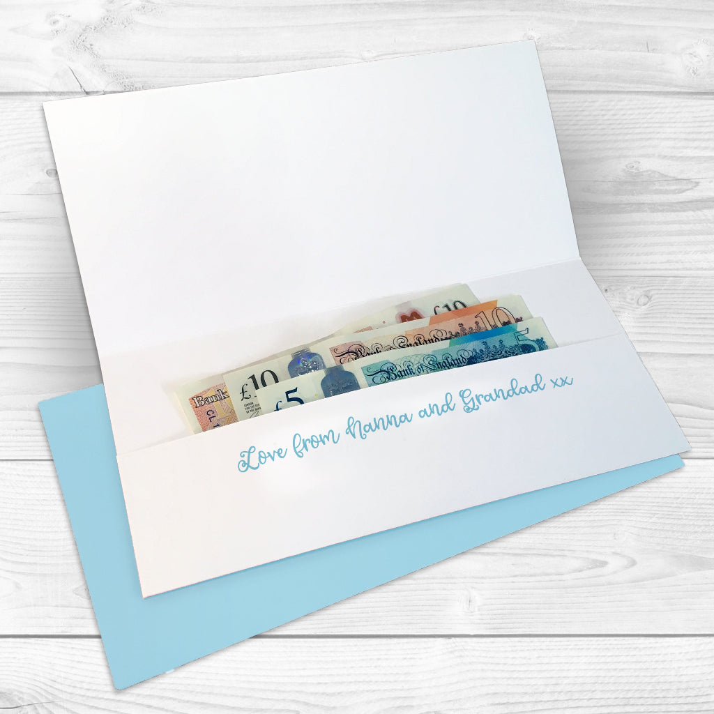Inside view of personalised fairy birthday money wallet card with cash and printed message, with blue envelope
