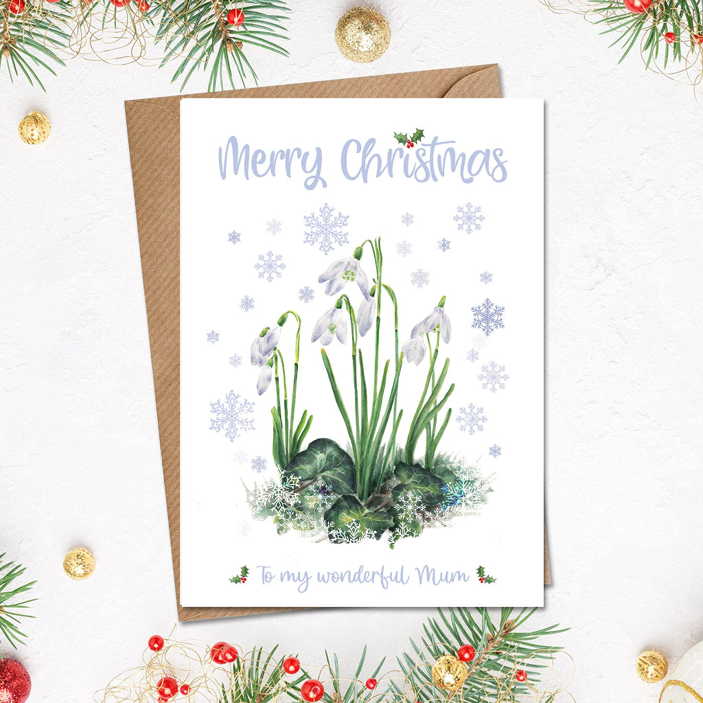 Personalised Christmas Card with Snowdrops and snowflaskes