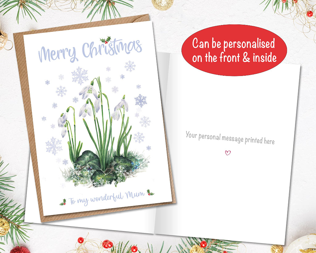 Christmas Card with Snowdrops personalised for Mum, with custom message printed inside