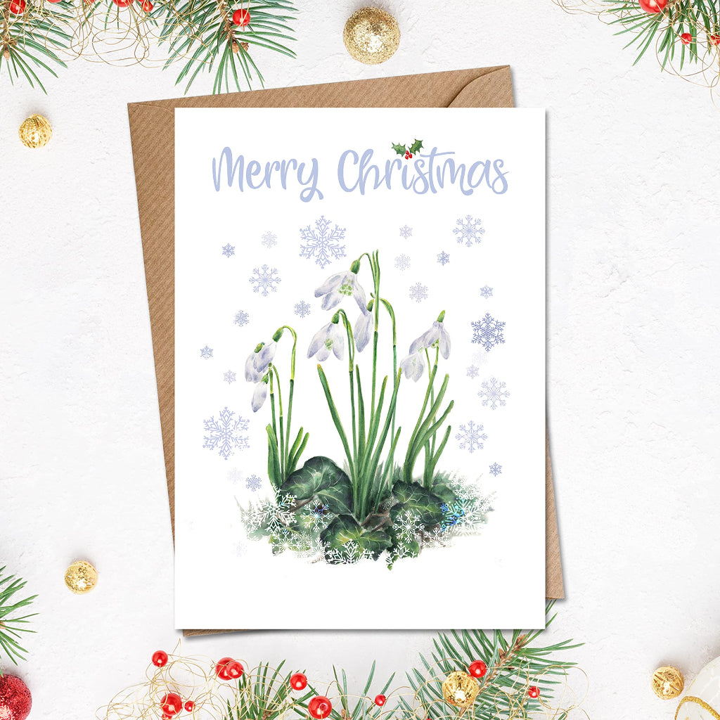 Traditional Christmas Card with watercolour painting of Snowdrops 