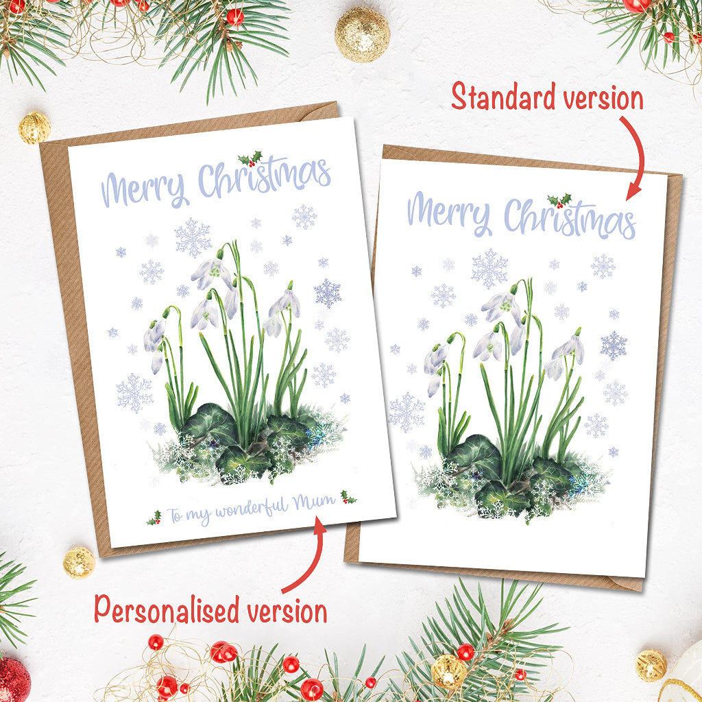 Christmas Card with Snowdrops showing different personalisation options, with and without names