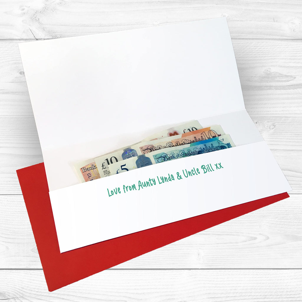 Inside of personalised gift card wallet printed with custom message from aunt uncle grandparents with pocket for cash money, voucher, token, cheque