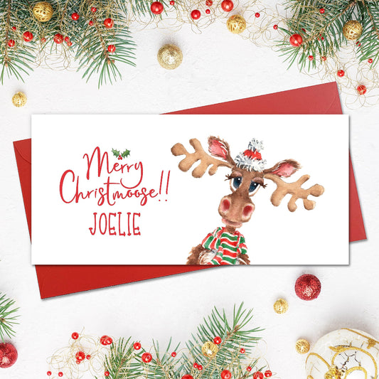 Personalised christmas card or money gift wallet with a Funny moose or reindeer, comes with red envelope