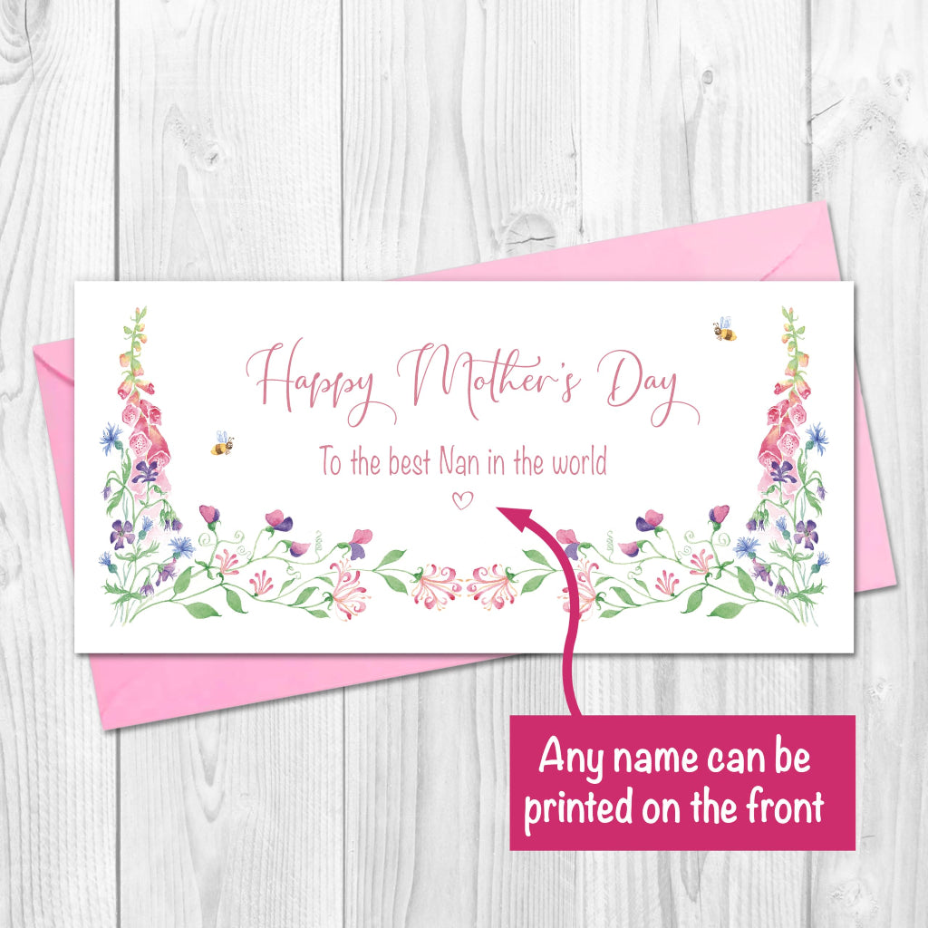 Happy Mother's Day card with a pretty border of pink and blue flowers, with a pink envelope. The card can have any name printed on the front.