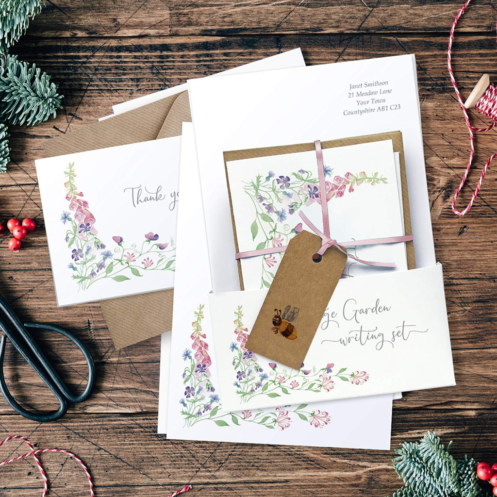 Persoanlised cottage garden writing set with presentation wallet and gift tag, for Christmas and birthday present.