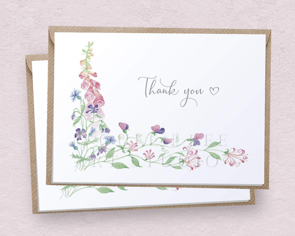 2 thank you cards with pretty cottage garden flowers and kraft envelopes