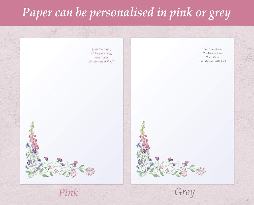Cottage garden writing paper with name and address printed in pink or grey
