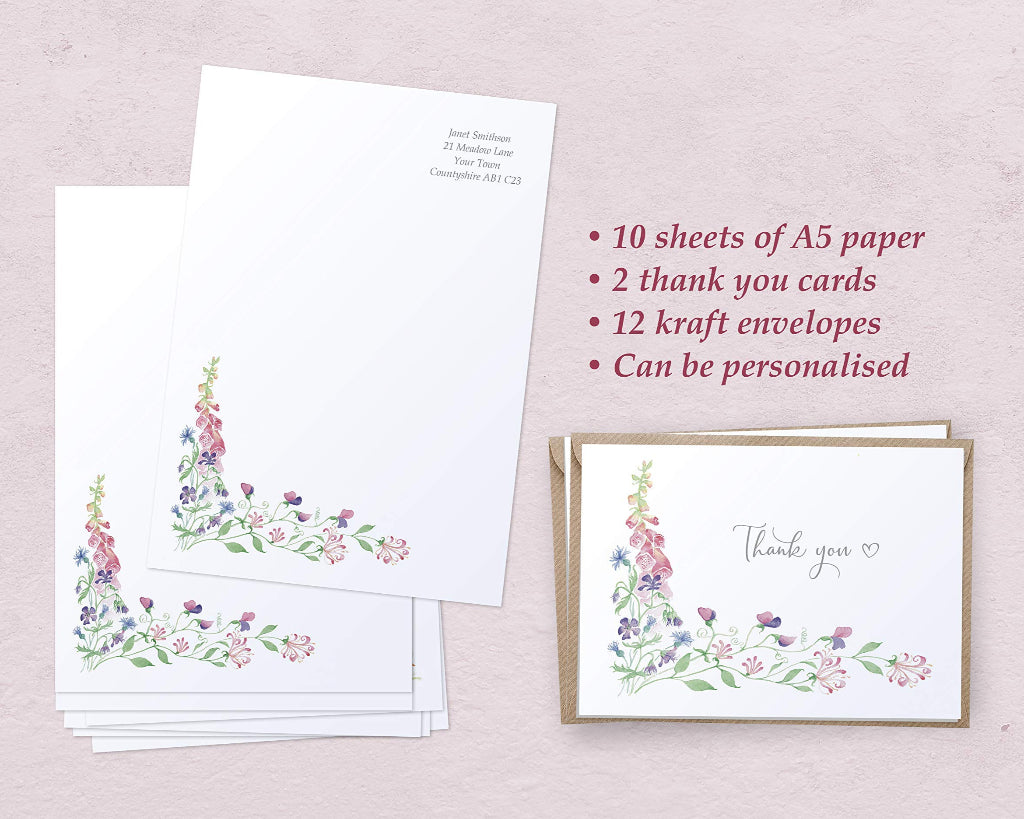 Personalised cottage garden writing paper with matching thank you cards and envelopes