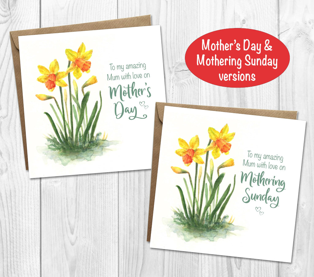 2 cards with daffodil illustration, showing Mother's Day and Mothering Sunday versions 