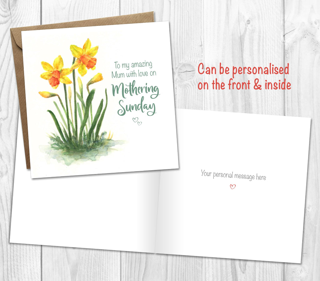Personalised daffodil mothering sunday card with a personal message printed inside