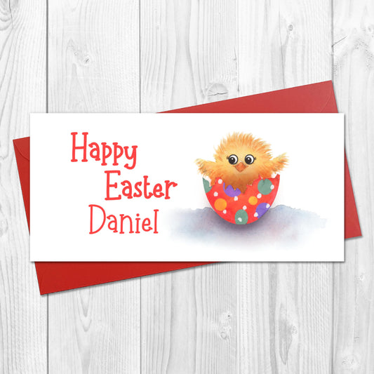 personalised Happy Easter money wallet card with a cute chick in a coloured egg, with a red envelope