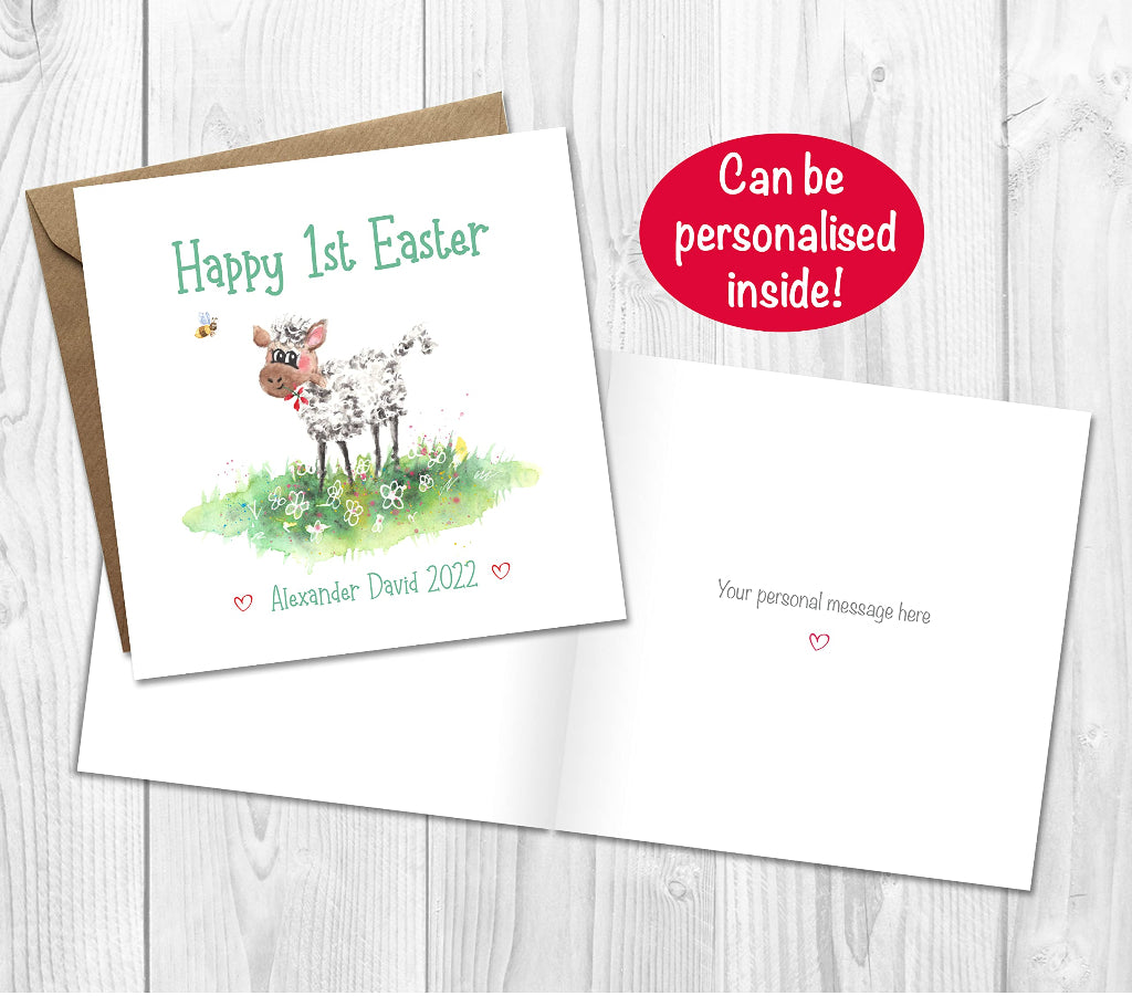 Cute 1st Easter card with cartoon lamb, can be personalised on the front and printed inside
