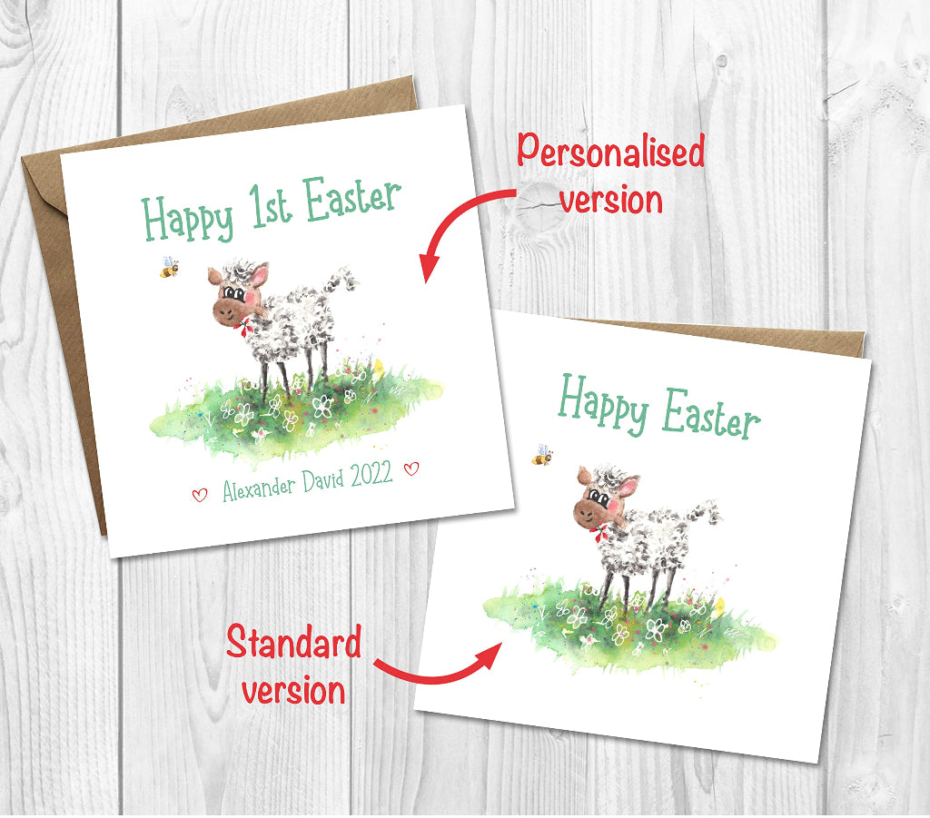 2 cute Easter cards with a sweet cartoon lamb on the front. Can be personalised
