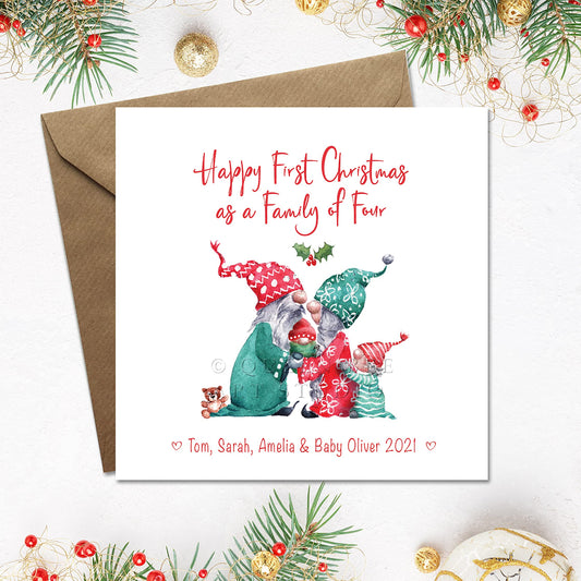 Cute 1st Christmas as a family of 4, with cute gnomes, personalised with names and year along the bottom