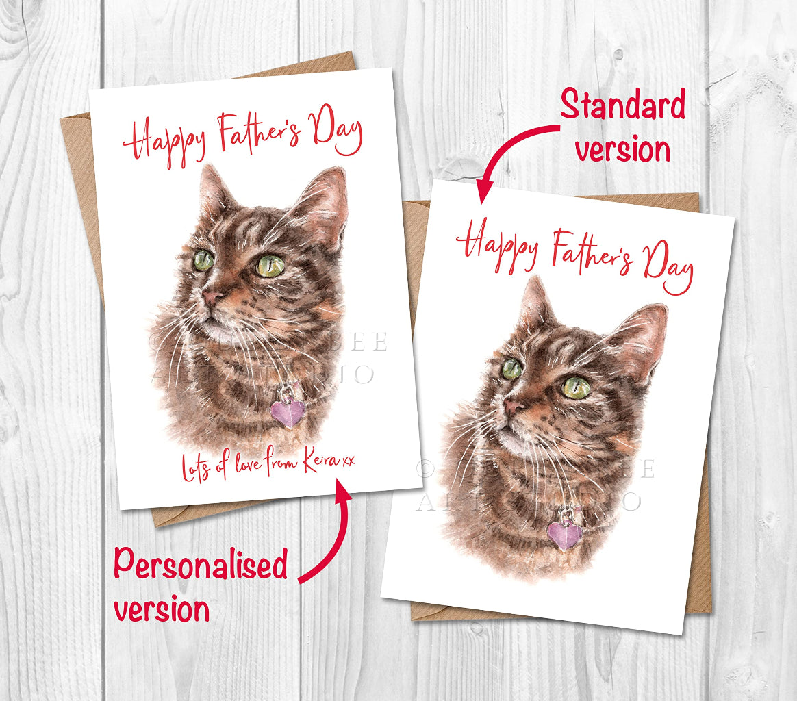 2 tabby cat fathers day cards showing options of personalised or standard