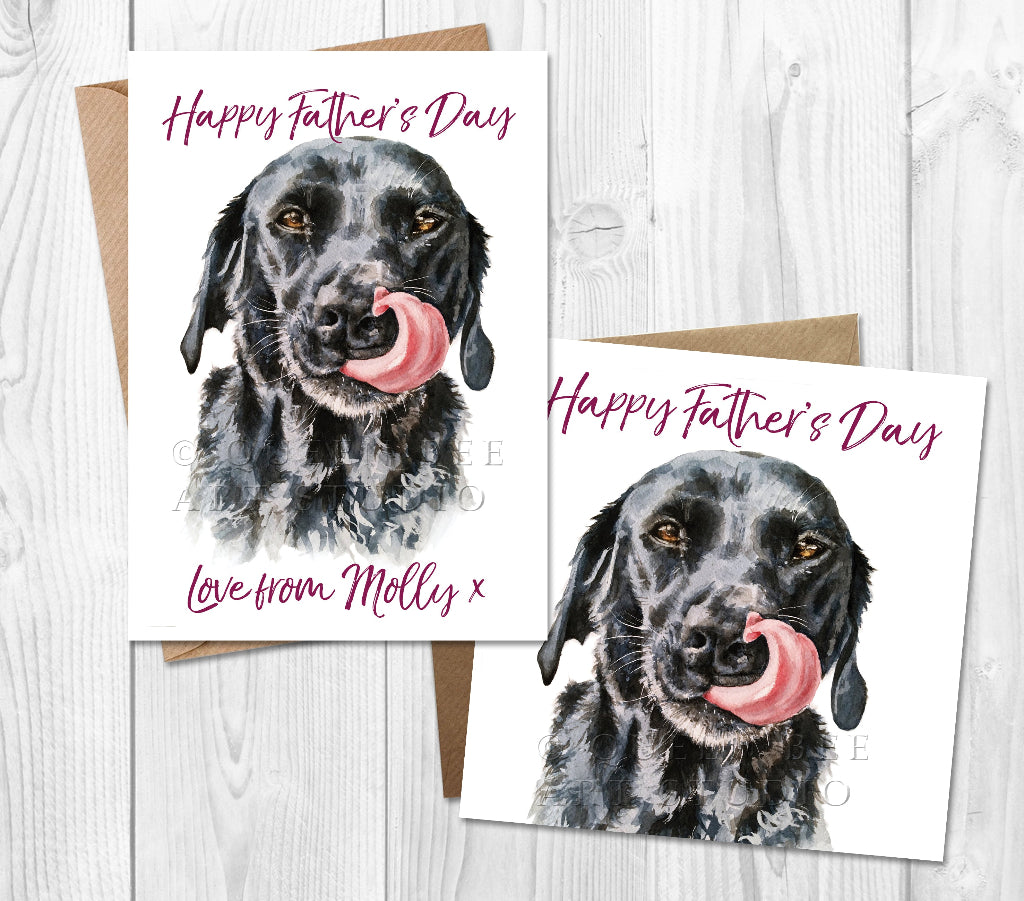 2 Fathers day cards with funny black labrador