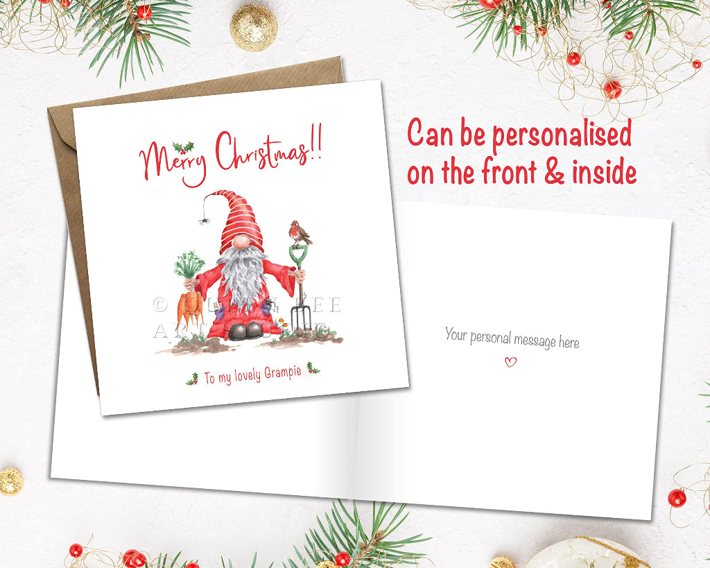 Garden gnome Christmas card can be personalised on the front and printed inside