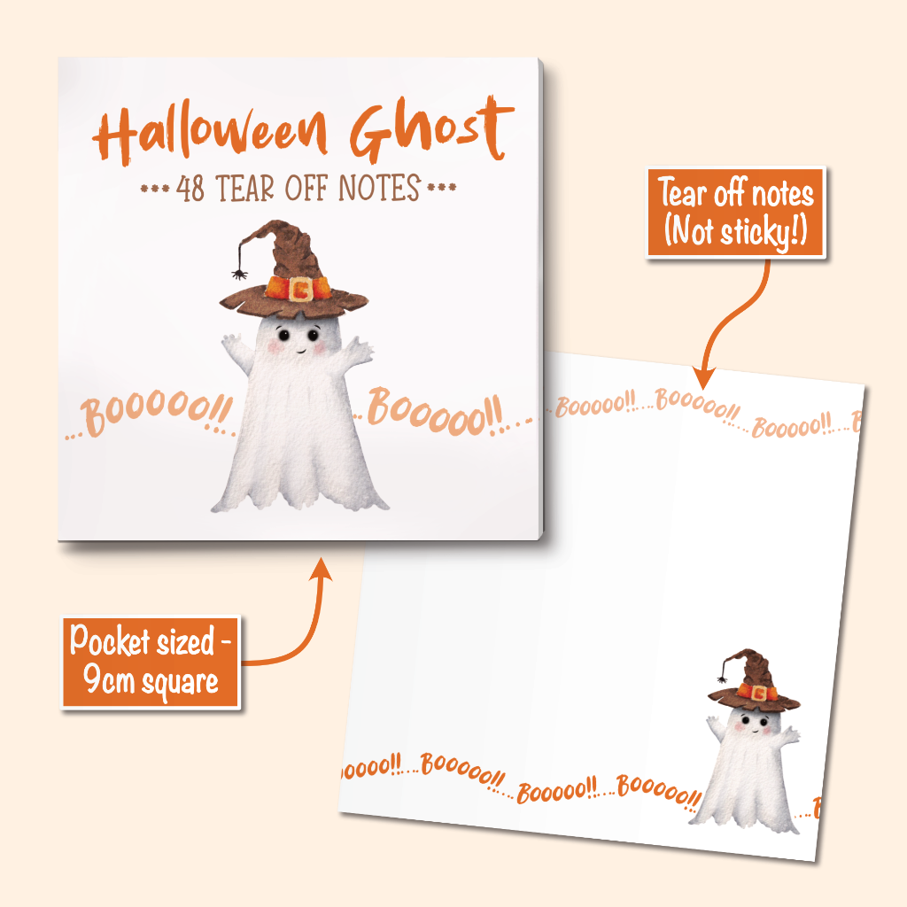 Halloween ghost tear-off notes shown in two views on a light beige background. The front note features orange text reading 'Halloween Ghost .