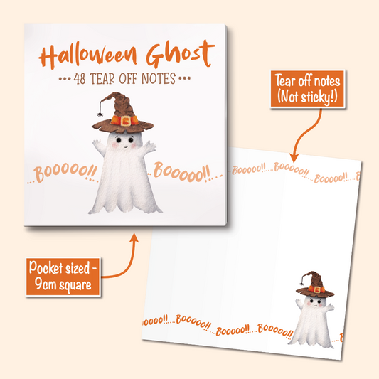 Halloween ghost tear-off notes shown in two views on a light beige background. The front note features orange text reading 'Halloween Ghost .