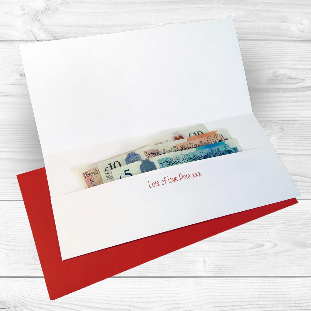 An open Gift money wallet showing cash and bank notes with personalised greeting printed inside
