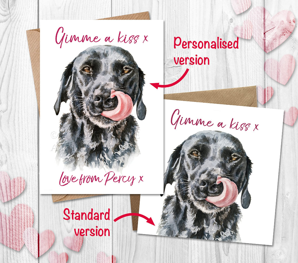 Gimme a kiss valentines cards from the dog, featuring a cute black labrador. Card can be personalised on the front.