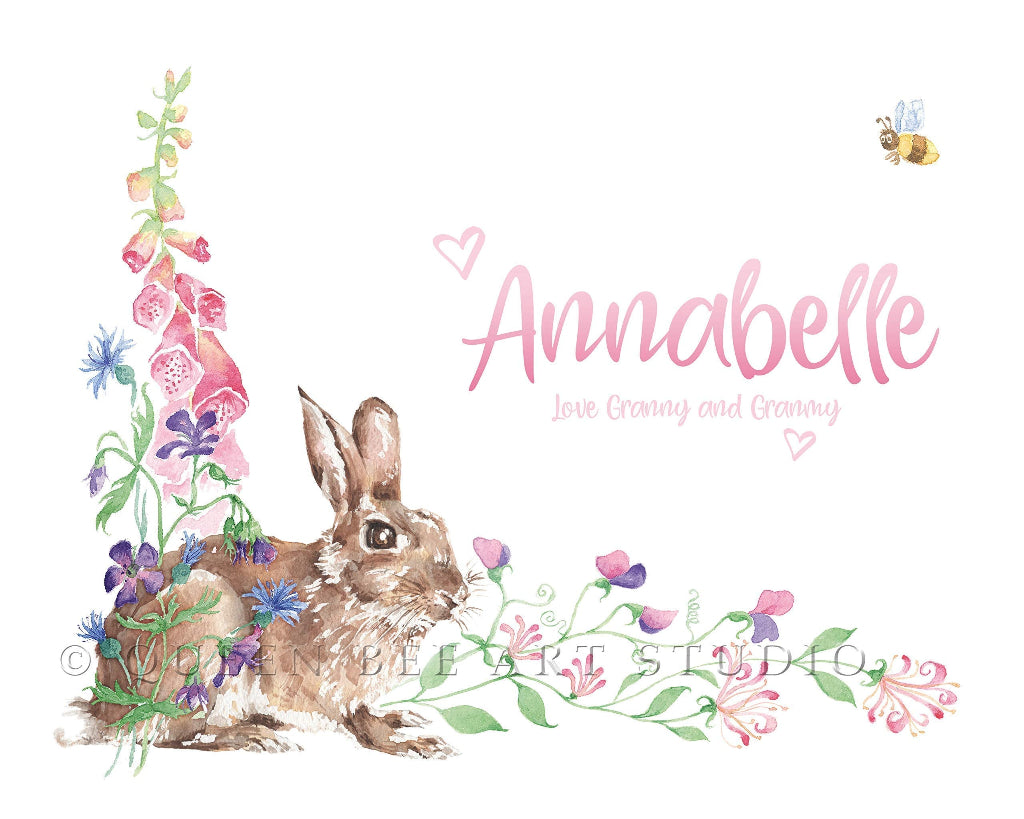detail of girls pretty personalised print with flowers and rabbit for woodland theme nursery
