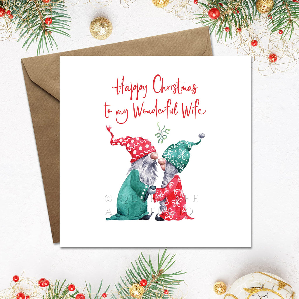 Cute happy christmas card to wonderful wife with sweet gnomes