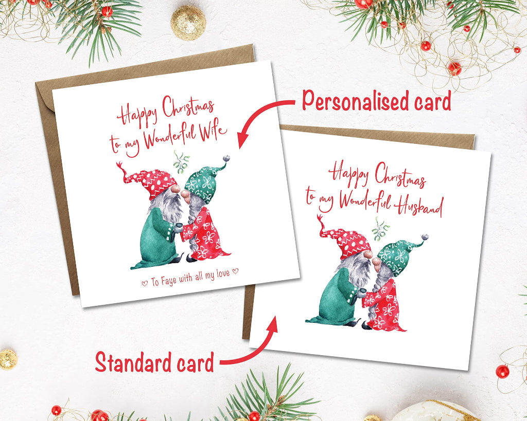 Different personalisation options available for the Gnome Christmas card. One is for a husband, the other a wife