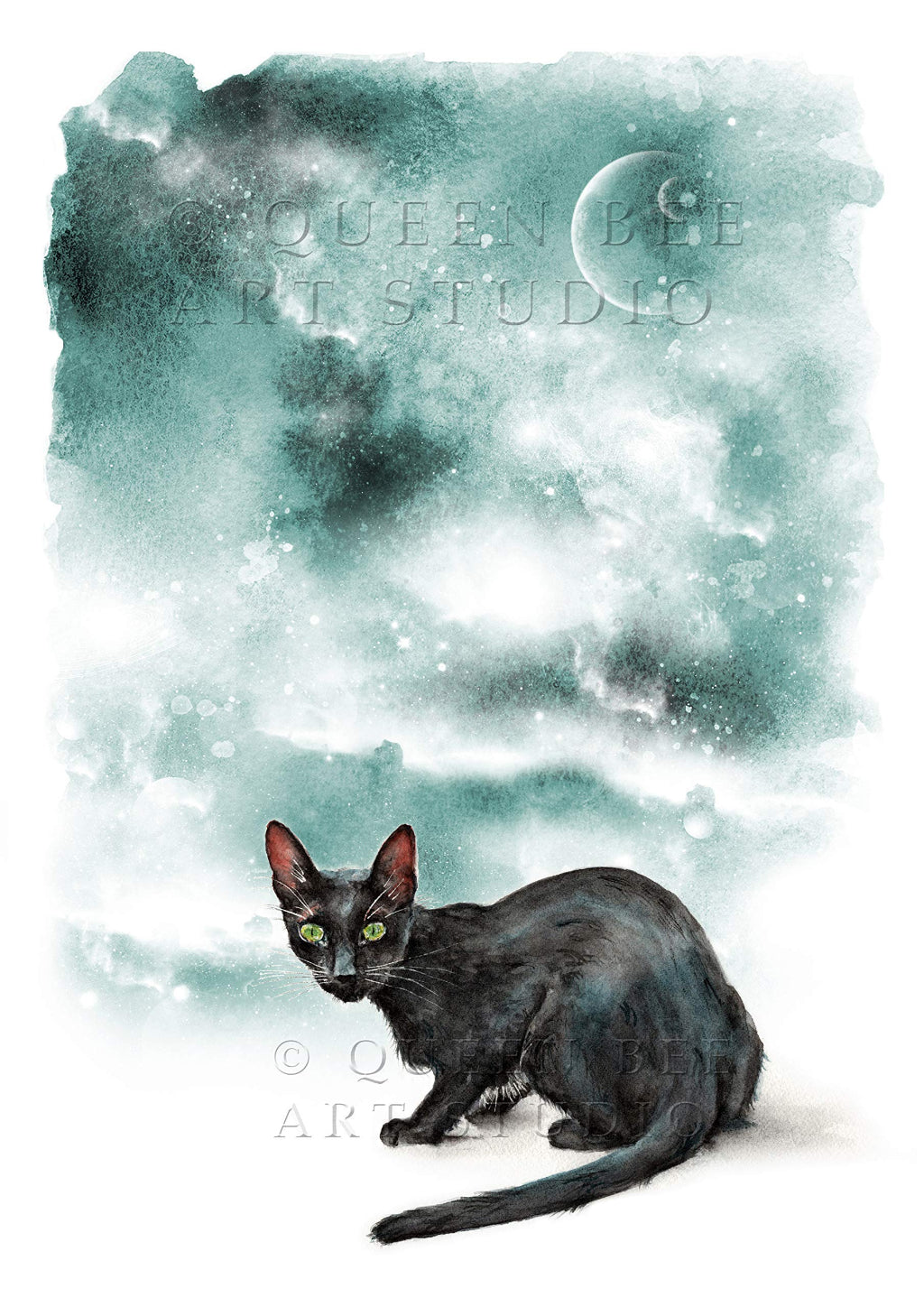 watercolour art print of black cat under eerie green sky with crescent moon, planets and stars