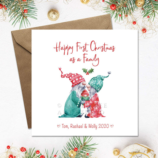 Happy first christmas as a family personalised christmas card, with cute gnome family with little baby on front 