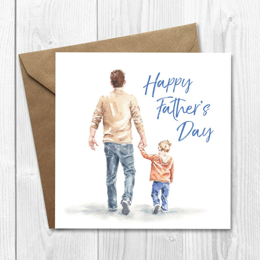 fathers day card with daddy walking with young son