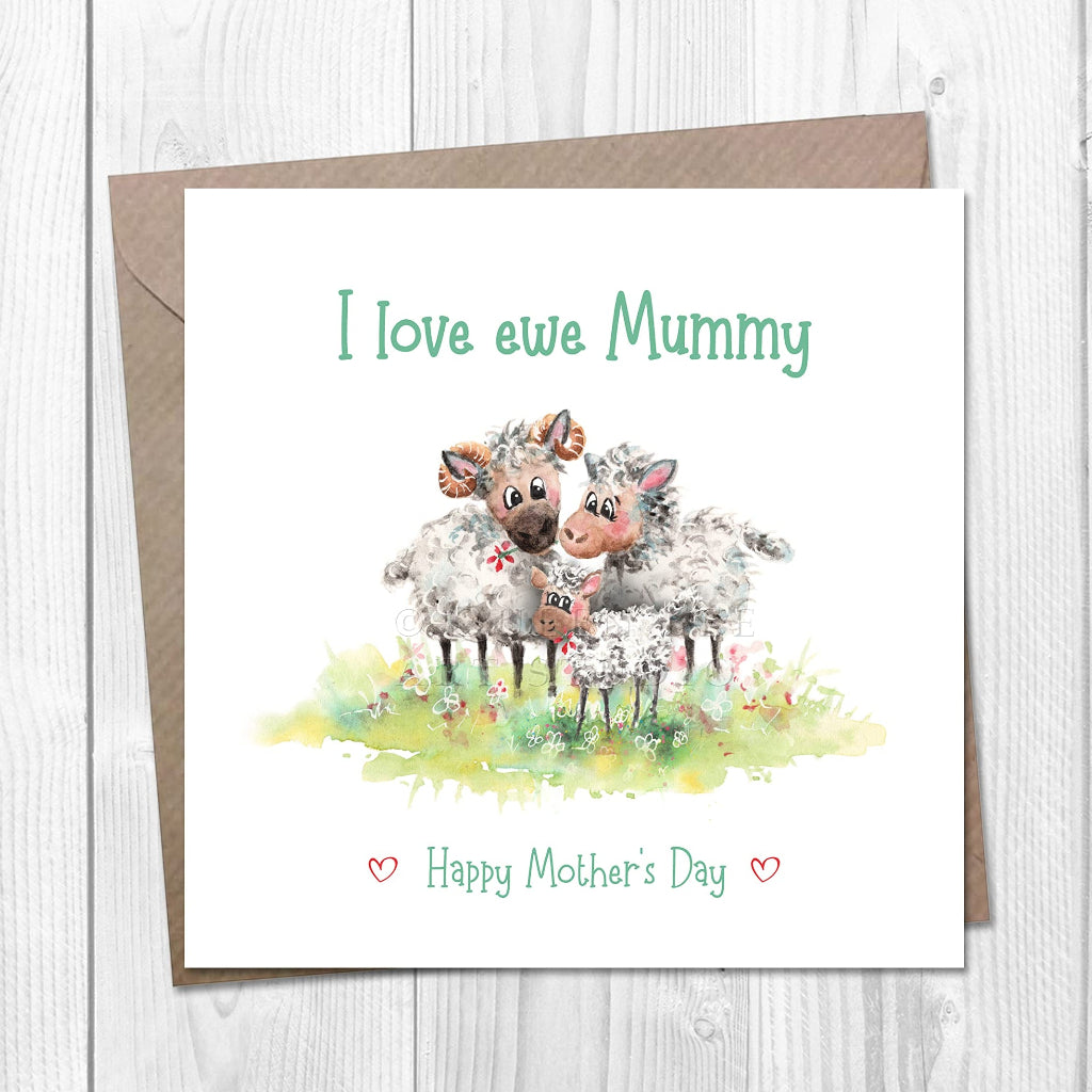Cute Mother's Day card with a sweet sheep illustration with little lamb in field, and I love Ewe Mummy on the front