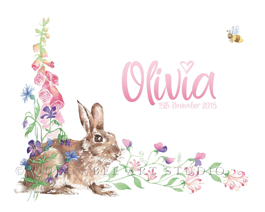 personalised picture with pink name, foxgloves, sweet peas and brown rabbit