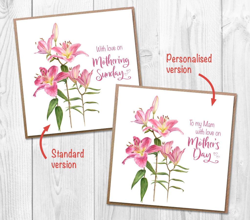 Two beautiful cards for Mother's Day and Mothering Sunday, decorated with vibrant pink lilies. One personalised for Mam
