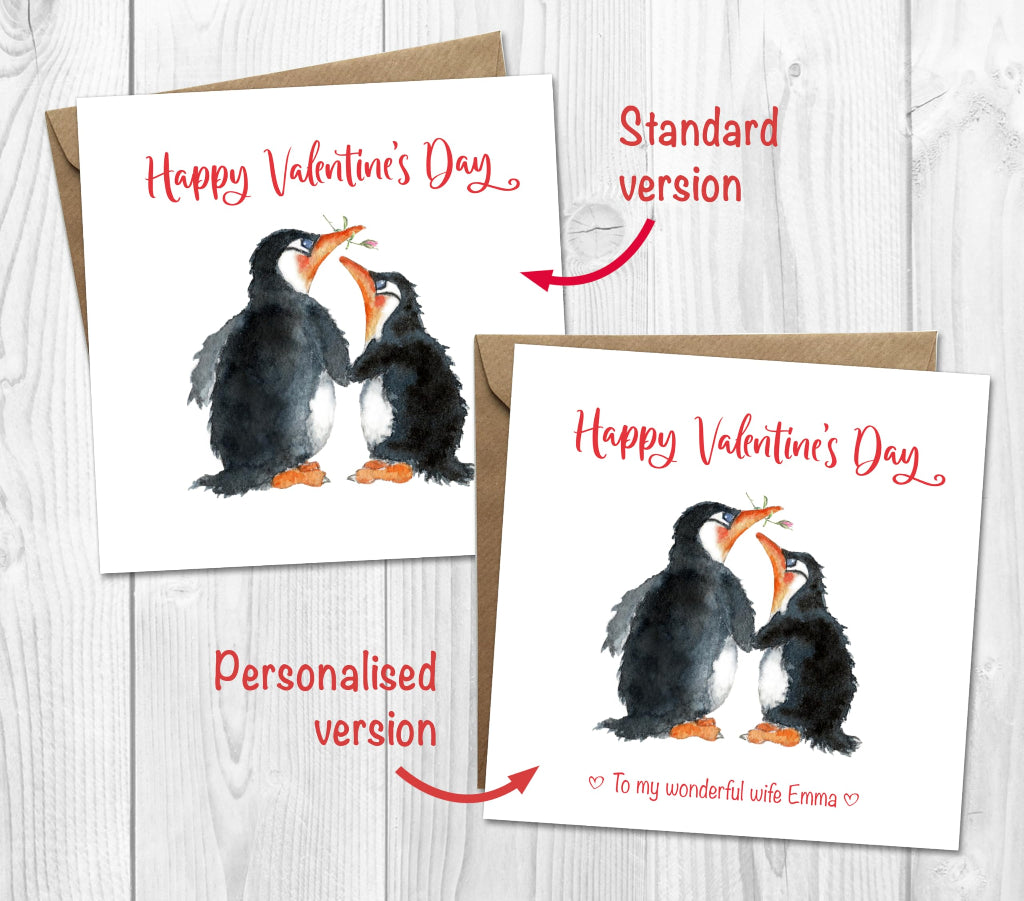 2 cute valentine's cards with sweet penguin illustrations, showing different personalisation options