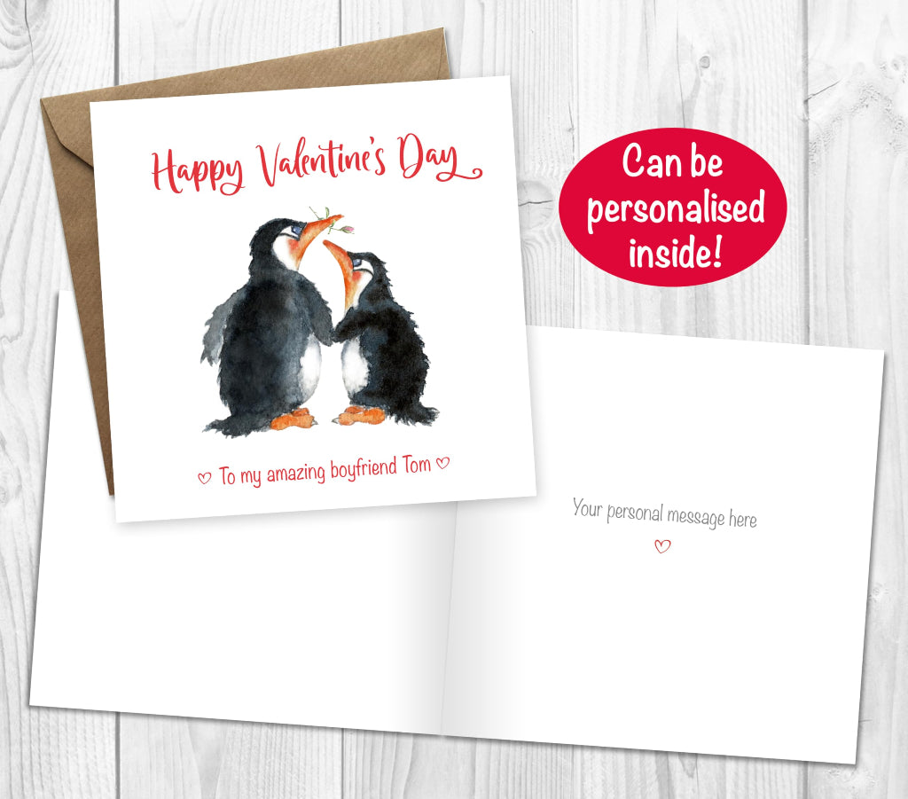 A personalised Valentine's card with cute penguins on the front, can be printed inside with a  customised message