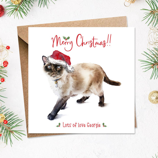 Personalised Christmas card with beautiful painting of siamese cat in a santa hat on the front